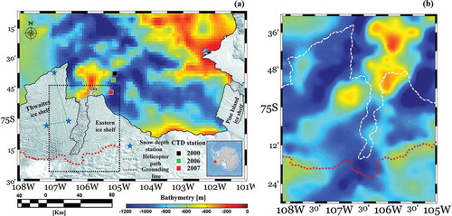 Figure 1. a. Moderate Resolution Imaging Spectroradiometer composite image of the study area and in situ survey and bottom topography in the Amundsen Sea coast, West Antarctica. b. Detailed bathymetry beneath Thwaites and its eastern Ice Shelves.