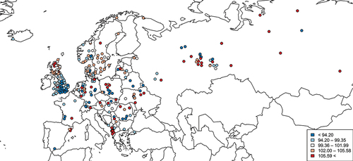 Figure 2. Child sex ratios in the NAPP/Mosaic dataset (316 regions).