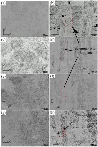 Figure 8. Optical microscopy images o the microstructures of samples observed on the XOY and XOZ planes: (a) and (b) B1 sample, (c) and (d) B2 sample, (e) and (f) B3 sample, (g) and (h) C3 sample.