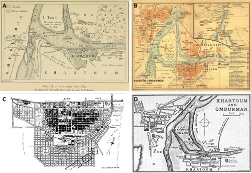 Figure 1. Historical representations of Khartoum and Omdurman. (A) Plan of Khartoum in 1840. (B) ‘Khartûm and Omdurmân’, in Egypt and the Sudan, 1, 7th edition, Leipzig: Karl Baedeker, 1914 freely available in Wikimedia Commons (https://commons.wikimedia.org/wiki/File:1914mapKhartumandOmdurmanbyBaedeker.png; accessed: April 2019). (C) The original McLean’s 1910 Plan of Khartoum based on the 1898 Kitchener Plan (CitationMcLean, 1980). (D) Map of Khartoum from the beginning of the twentieth century, drawn by T. Cook [in:] Ernest Alfred Wallis Budge, Cook’s handbook for Egypt and the Egyptian Sûdân, London 1906, freely available in Wikimedia Commons (https://commons.wikimedia.org/wiki/File:1905mapKhartoumandOmdurmanbyThomasCook.png, accessed April 2019)