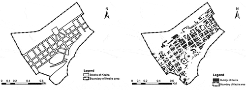 Figure 8. Block arrangement of Kezira (left), and building organization of the same area (right).