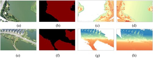 Figure 12. Depth map complementation results: (a) and (e) are original images, (b) and (f) are segment masks (c) and (g) are original depth maps, and (d) and (h) are the completed depth maps.