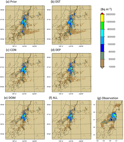 Figure 6. Comparison of the calculated distributions of 137Cs surface deposition in the sensitivity experiment.