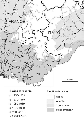 Figure 1. Re‐assessed distribution map of the common genet (Genetta genetta) in Provence–Alpes–Côte d'Azur (PACA), south‐eastern France, and Italy. The main rivers are indicated. Departments of PACA are named as follows: Vau (Vaucluse), Bdr (Bouches‐du‐Rhône), Var, AlM (Alpes‐Maritimes), Alpes de Haute‐Provence (AHP), HAl (Hautes‐Alpes).