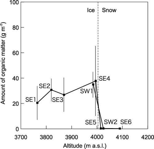 Figure 6 Altitudinal distribution of amounts of organic matter on the surface of the Ürümqi Glacier No. 1. Error bars indicate standard deviation.