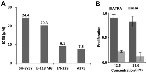Figure 2 (A) IC50 values of RHA nanoparticles against 4 cancer cell lines. (B) Proliferation of A-375 cells after treatment with 12.5 μM and 25.0 μM of RHA nanoparticles or ATRA, respectively, for 48 hrs. Data are shown as mean with SD error bars (n = 4). Significance difference: *** (P < 0.001).