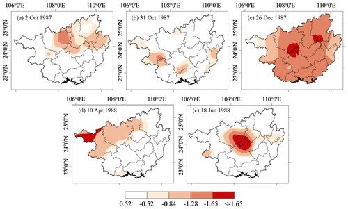 Figure 9. The spatial evolution of daily peak intensity of flash and seasonal droughts in typical dry year.