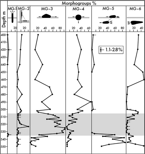 Fig. 8 Distribution of foraminiferal morphogroups (MGs) in the lower 150 m of core BH9/05. The Paleocene–Eocene Thermal Maximum (PETM) anomaly (shaded) is typified by high dominance of the surface-dwelling group MG-3.