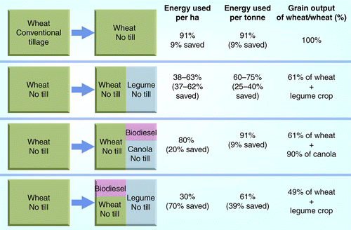 Figure 4.  Energy usage and savings potentially achievable against the production penalties of reducing tillage, introducing legume rotations, using canola for biodiesel and a combination of legume rotations and biodiesel production.
