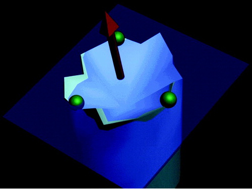 Figure 6. A fractured virtual bone surface and the plane derived from this surface. The plane is indicated in semi-transparent blue, with its centroid and surface normal indicated by the red vector. The three green points were used to generate the equation for this plane. [Color version available online.]
