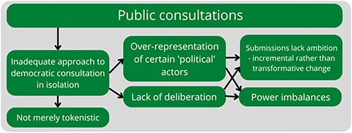 Figure 3. Schematic illustration of how public consultations are inadequate due to the risk of over-representing certain actors and a lack of deliberation.