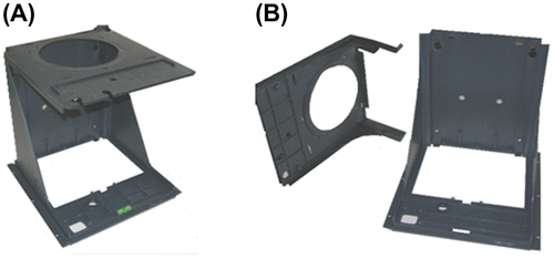 Figure 3. Assembled (A) and disassembled (B) blower support designed and manufactured using two components of the same material (PP flame retardant).