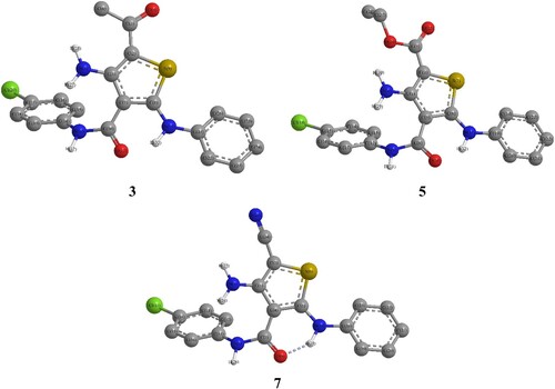 Figure 3. DFT Optimized structures of the thiophene derivatives 3, 5 and 7.