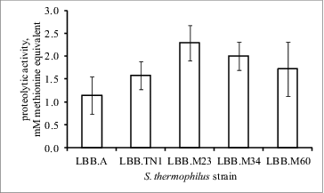 Figure 4. Comparison of the proteolytic activity of four fast-acidifying S. thermophilus strains LBB.TN1, LBB.M23, LBB.M34 and LBB.M60 and a control S. thermophilus strain LBB.A. Error bars represent the standard deviation (n = 4).