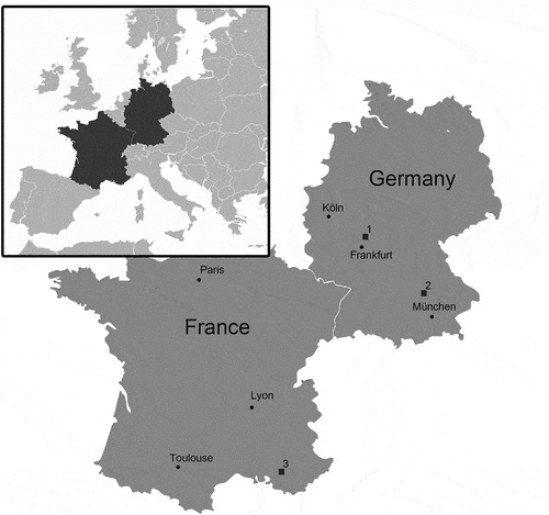 Figure 1. Map of the German and French localities mentioned in the text. 1: Echzell, 2: Petersbuch sites, 3: Beaulieu 2.