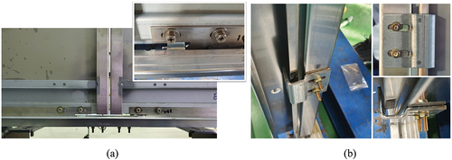 Figure 1. Installation of elevator door safety retainers: (a) Guide shoe and stopper and (b) Side hook (ESEMS Website, Citation2023).