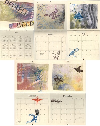 Figure 2. This is an arrangement of selected pages from Eve Sedgwick's 2004 Calendar ‘Dropped Held’.Footnote181