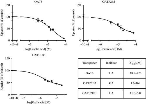 Figure 4. Inhibitory potency of UA and GA on the uptake of specific SLC transporters. Cellular uptake of radiolabeled substrates was measured in the absence or presence of UA or GA (concentration ranged from 0.10 nM to 80.0 µM) in HEK293 cells over-expressing OAT3, OATP2B1, or OATP1B3. The data were expressed as the percentage of control. All data were presented as mean ± SD; three independent experiments were conducted (triplicate repeats in each experiment).