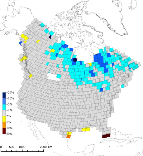 Figure 7. Spatial distribution of scene-level difference between percent water estimated by GIW and regional land-cover datasets over the contiguous United States and Canada, calculated by subtracting the MODIS estimate from the GIW estimate of percent water for each Landsat scene.