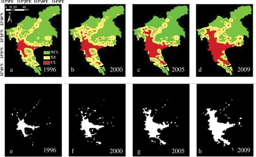 Figure 4. Extracting the built-up urban areas in HVR. Figure ‘a’–‘d’ represents the three classified areas (transition zones (TZ); built-up urban lands (BL); and non-built-up urban lands (NBL)) in 1996, 2000, 2005, and 2009, respectively; Figure ‘e’–‘h’ represents the extracted built-up areas in HVR.