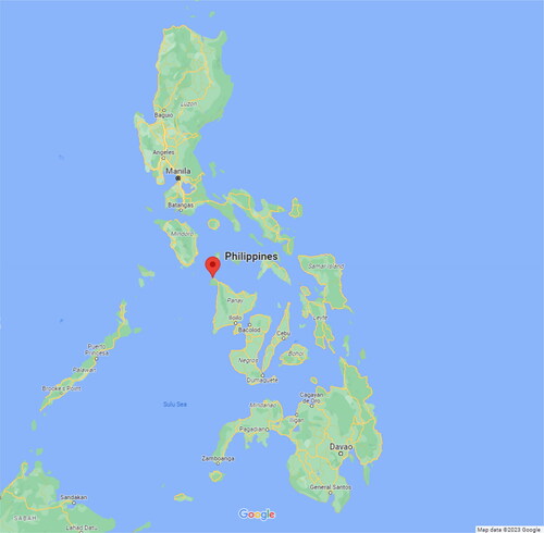 Figure 1. Boracay island situated in the Philippines (the red pin north of Panay). Source: Map data © 2023 Google.