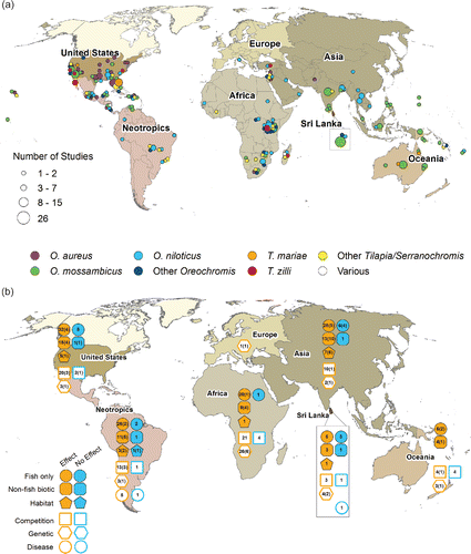 Figure 1. (A) Map of the global distribution of reports on the ecological effects of tilapia introduction by focal species in each publication. Locations were mapped to specific waterbodies when possible, or placed in the geographic center of the country or state/province where the study took place and offset to limit overlap. (B) Map of reported ecological effects (solid symbols) and mechanisms (hollow symbols) by region. Numbers within symbols indicate the total number of studies reporting that effect or mechanism, while the number in parenthesis indicates the number of studies which report that effect and use quantitative data, and controls or reference treatments.