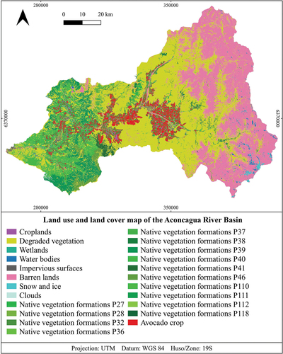 Figure 3. Land use and land cover map of the Aconcagua river basin. p = vegetational belt. For details of vegetational belts see supplementary material (Table S3).