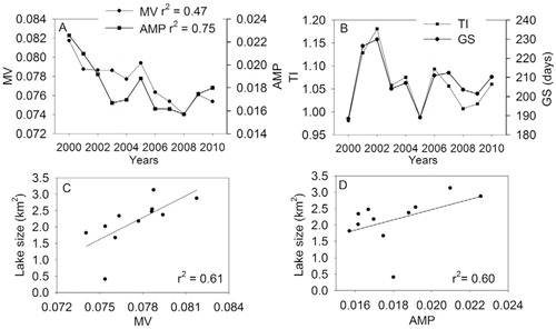 FIGURE 4. Temporal trends of TI MESAT parameters derived from the enhanced vegetation index (EVI) product from MODIS; (A) mean value (MV) and amplitude (AMP) (p < 0.05), and (B) total integral (TI) and growing season (GS) duration. Relationship between lake sizes (average of the six smaller lakes) and (C) MV and (D) AMP for the 2000–2009 period (p < 0.01).