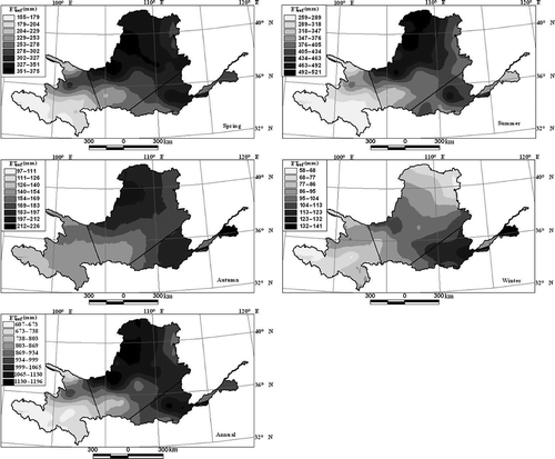 Fig. 3 Spatial distributions of mean seasonal and annual ETref during 1961–2006 in the YRB, China.