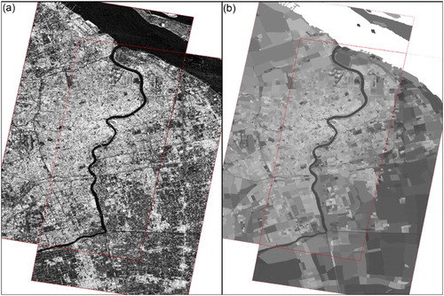 Figure 4. Raster representation of coherence images from stack 1 and 2 (a), and on the right side (b) the same data aggregated to street-blocks according to the road network.