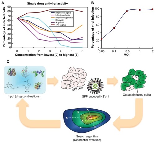 Figure 1 Setup of the experiment. (A) Plot of single drug dosages against efficacy. (B) Plot of infection percentage against MOI. (C) Scheme of FSC: virus attempts to infect normal cells, while drug combinations try to inhibit virus infection. For a non-optimal drug combination, a majority of cells would become infected. More effective drug combinations, suggested in later iterations, lead to fewer infected cells. Iteratively, algorithm stops when optimal drug combination is reached.Abbreviations: FSC, feedback system control; GFP, green fluorescent protein; HSV-1, herpes simplex virus-1; MOI, multiplicity of infection.