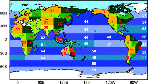 Fig. 3. Definitions of the 64 regions used in the inversion.