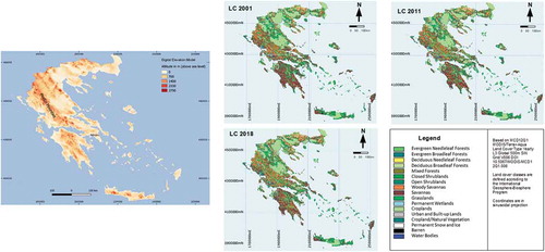 Figure 1. Aster GDEM (left side) and land cover types distribution in Greece in 2001, 2011 and 2018