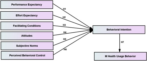 Figure 1. Hypothesized research model.Source: Developed from Ajzen (Citation1991) and Venkatesh and Davis (Citation2003).