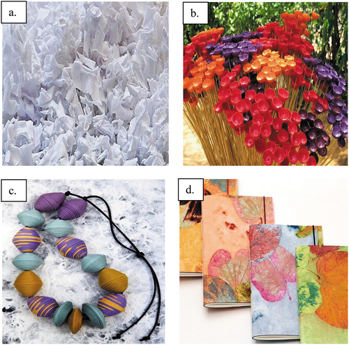 Figure 4. Auroville Papers, product development and value addition with HMP a. Cotton rags as major raw materials for HMP making b. Fairy cups flowers with cotton rags HMP b. HMP Necklace and d. HMP Stationery with leaf imprints (Herve Citation2022).