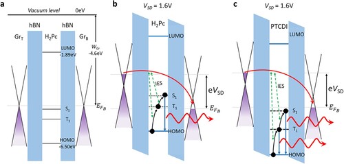 Figure 5. Energy level diagrams for a H2Pc tunnelling device under zero bias (a), 1.6V bias (b), and a PTCDI tunnelling device under 1.6V bias (c). Inelastic electron scattering (IES) events are labelled. (a) Under zero bias both the H2Pc singlet, S1, and triplet, T1, states lie below the Fermi energy of the bottom graphene electrode, EFB. (b) At 1.6V bias, T1 lies 100 meV above EFB. Up-converted electroluminescence from S1 is observed at 1.6V bias. (c) The lower-lying energy levels of PTCDI mean that under 1.6V bias, both S1 and T1 lie below EFB and emission is observed from both states.