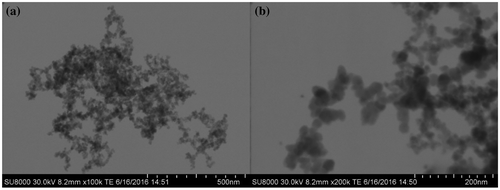 Figure 2. FE-SEM images of SiO2 nanoparticles at different magnifications, (a) 100000× and (b) 200000×.