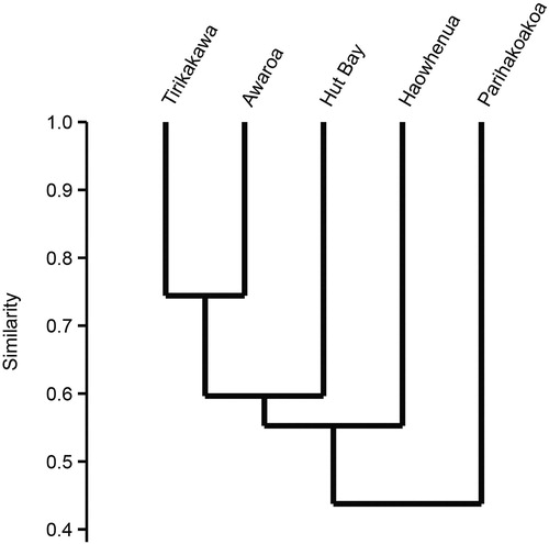 Figure 2. Cluster analysis of five Hauturu streams based on presence/absence of all benthic and light-trapped invertebrate species collected, using the Bray–Curtis similarity index and UPGMA linkage.