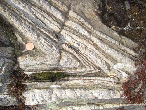 Figure 5. Detail (plane view) of the closure of a cat-eye-sheath fold within Late Permian Rhyolites (Melogno Porphyroids – D Lithozone).