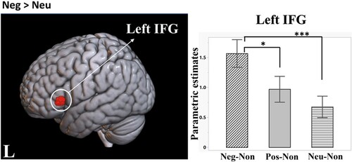 Figure 1. Brain area showing higher activation for negative versus neutral words. Greater activity in the triangular part of left IFG (inferior frontal gyrus) was observed under the Negative > Neutral contrast. The statistical threshold was set at FWE-corrected p < .05 with cluster-level in the whole brain. To further clarify the activation pattern in the left IFG among conditions, a one-way repeated ANOVA and post-hoc analyses were performed using the mean parameter estimates from each contrast ([Neg > Non], [Pos > Non], and [Neu > Non]). Greater IFG activation was observed for negative words compared to positive (p = .024*) and neutral (p < .001***) words; however, no significant difference was found between positive and neutral words (p = .15). X-axis: IFG mean parametric estimates; Y-axis: conditions. Error bars: standard errors.