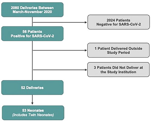 Figure 1. Study Cohort. Details of he study cohort are described below. A total of 2080 deliveries were screened including 56 patients who were positive for SARS-CoV-2. Of these, 52 delivered at the study hospital including two sets of twins, one of which resulted in a previable demise. A total of 52 deliveries and 53 neonates were thus ultimately included in the analysis.