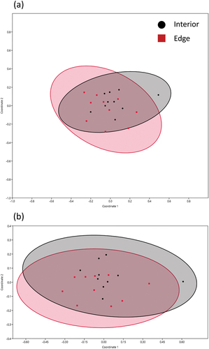 Figure 6. Non-metric multidimensional scaling (NMDS) ordination plots of interior and edge communities considering species (a) and pooled taxonomic groups (b). Ellipses show a 95% confidence interval. No significant difference was observed across either group.