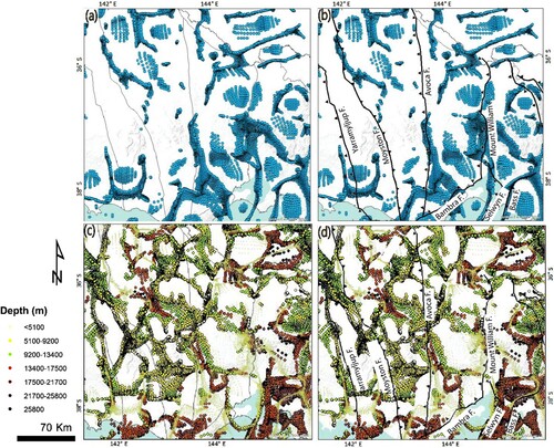 Figure 7. Plan view of Euler depth solutions derived from EMAG2 on the topographic map and their correlation along major zone bounding faults. (a) Euler depth solutions from SI = 0 and their interpretation in (b). (c) Euler depth solutions from SI = 1 and its corresponding interpretation in (d). Euler depth solutions in both cases appear to cluster more along the hangingwall of the major zone-bounding faults.