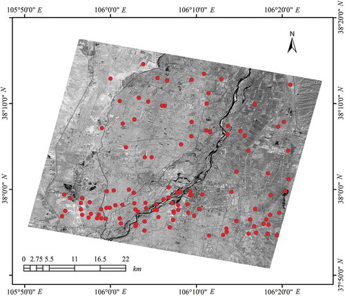 Figure 4. Geographical location of Yinchuan calibration field and distribution of GCPs 210 × 183 mm (300 × 300 DPI).