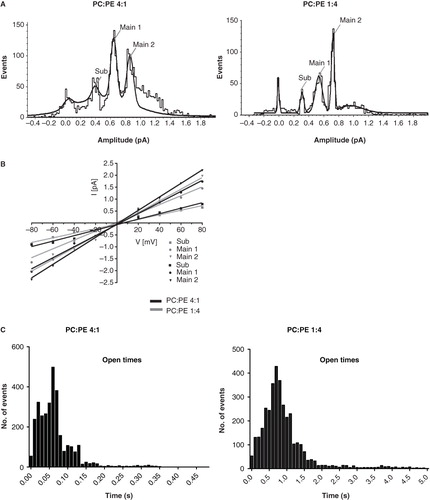 Figure 2. Analysis of p7 ion channel recordings in PC-rich and PE-rich lipid environment. (A) Representative current amplitude histograms of p7 reconstituted into bilayers containing PC: PE (4:1) (left panel) and PC:PE (1:4) (right panel). The traces were recorded at +30 mV. When reconstituted into bilayers of PC:PE (4:1) the channel opens to two main open states at 28.7 ± 1.4 pS standard deviation (SD) and 21.4 ± 1.3 pS (SD) and one sub-conductance states at 13.2 ± 1.4 pS (SD), respectively. When incorporated into bilayers of PC:PE (1:4) the channel opens to two main open states at 24.1 ± 0.6 pS (SD) and 17.8 ± 1.5 pS (SD), respectively. The sub-conductance state was detected at 10.4 ± 0.8 pS (SD). Each trace is derived from more than 1,500 single channel opening events. (B) I/V curve of the sub-conductance state and the two main-conductance states. The channel opens to three distinct conductance states in a voltage-independent manner. The mean standard error for each point is smaller than the size of the symbols. (C) Opening time histograms of p7 incorporated into PC-rich and PE-rich lipid bilayers. The mean opening times of p7 incorporated into bilayers containing 4:1 PC:PE and PC:PE (1:4) was 0.095 ± 0.018 s (SD) and 1.0 ± 0.32 s (SD), respectively.