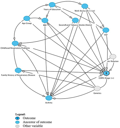 Figure 1 Directed Acyclic Graph (DAG) Showing Relationship between Proposed Exposure Variables and COPD among Never Smokers, BOLD Australia.