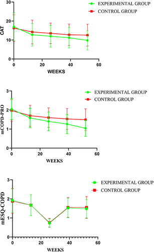 Figure 7 Comparison of differences between groups regarding CAT, mCOPD-PRO, and mESQ-COPD.