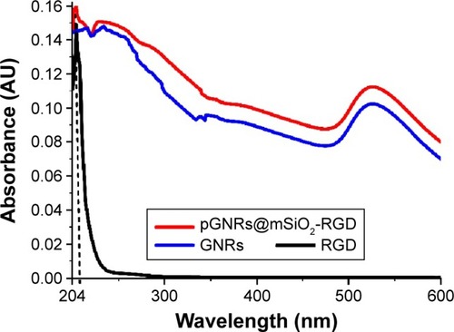 Figure 3 UV-Vis extinction spectra of c(RGD), pGNRs@mSiO2-RGD, and GNRs (200–600 nm).Notes: GNRs@mSiO2, mesoporous silica-encapsulated gold nanorods; RGD, arginine–glycine–aspartic acid (Arg-Gly-Asp, RGD) peptides; pGNRs@mSiO2-RGD, RGD-conjugated mesoporous silica-encapsulated gold nanorods.Abbreviations: c(RGD), cyclic RGD; GNRs, gold nanorods; UV-Vis, ultraviolet-visible.