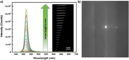 Figure 2. (Colour online) Typical ASE measurement. (a) The ASE intensity is measured for Pyrromethene 567, dissolved in 5CB at different stripe lengths of the excitation beam. The width of the stripe is 50 ± 5µm. On the left are the ASE spectra, collected from the edge of the LC cell for different stripe lengths. On the right is monochrome image of increasing stripe length. (b) Side-view of the ASE light emitted from the side of the sample. The bright spot in the centre is the ASE light exiting the illuminated stripe. On the left and right of this bright spot there are two glass slides (vertical on this picture) of thickness 700 μm, placed parallel at a separation of 20 μm. This gap between the two plates is filled with LC and fluorescent dye and appears slightly brighter than glass plates.