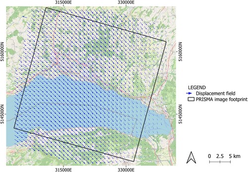 Figure 4. Example of displacement field, resampled to 1 km spatial resolution, estimated with GeFolki for the co-registration of PRISMA imagery (acquisition date: 6 September 2021). CRS: WGS84/UTM zone 32 N. Map data: OpenStreetMap contributors.